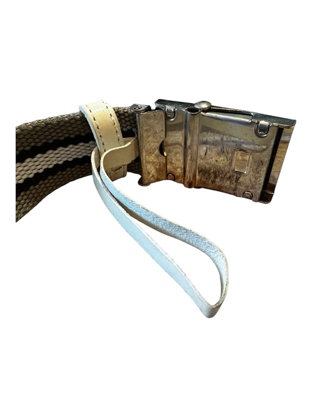 Armani Exchange Tan Canvas Belt with Black, White Stripe and Metal A|X Buckle - Picture 4 of 5